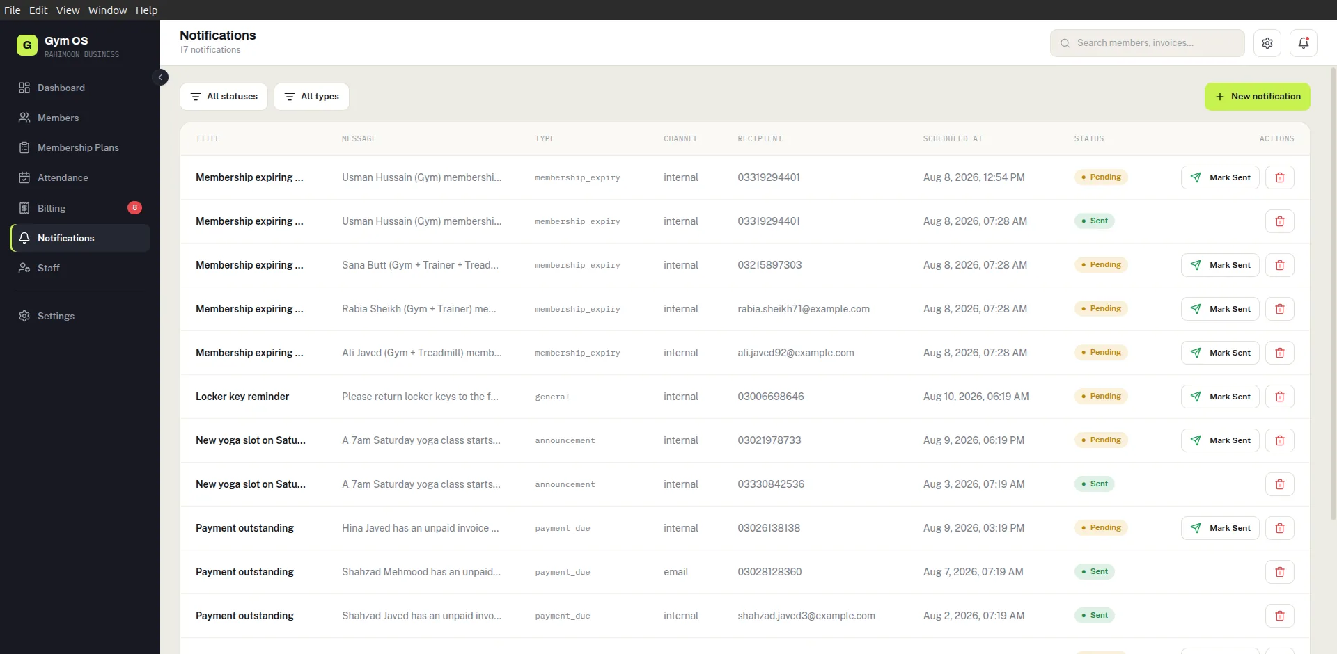 Gym Management System — Notifications — scheduled expiry reminders and payment-due messages