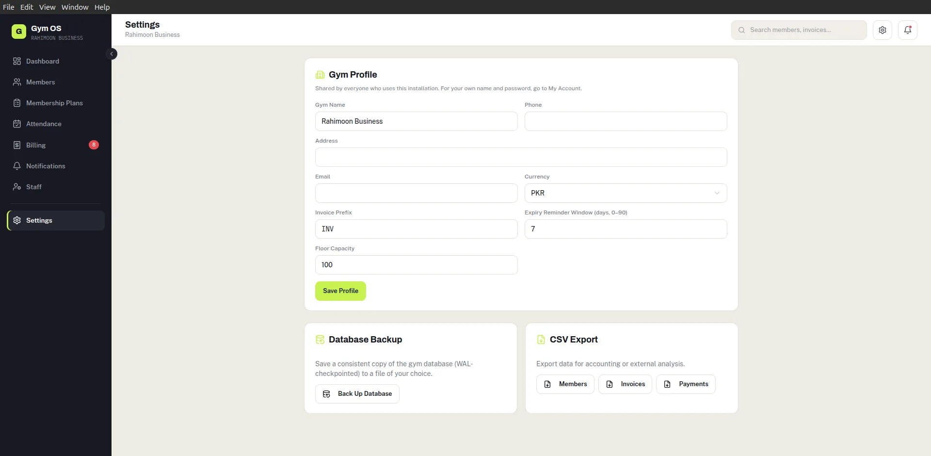 Gym Management System — Settings — gym profile, currency, database backup and CSV export
